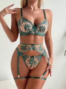 Women's Lace Patchwork Spaghetti Strap Bowknot Decor Sexy Lingerie Bow Tie - Green - View 1