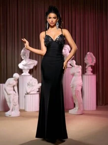 SHEIN Belle Đầm dự tiệc phối ren sang trọng quyến rũ cho nữ (Phong cách nặng nề) - màu đen - Xem 6