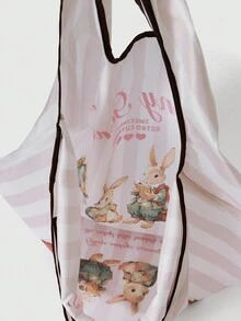 ROMWE Kawaii 2 件/套卡通兔子大容量可折叠手提袋带零钱包，可重复使用购物袋 - 粉色 - 查看 6