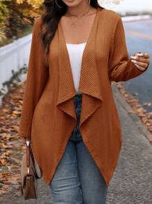 SHEIN LUNE 大码冬季时尚不对称领口设计长款针织开衫，适合外出和工作