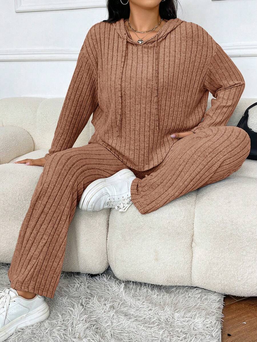 SHEIN EZwear Bộ 2 món đồ len trùm đầu thường ngày cỡ lớn - Lạc đà - Xem 1