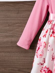 Vestido de manga larga con estampado floral, volantes en el bajo, lazo en la cintura, apropiado para primavera y otoño, para niñas - Rosa - Ver 3