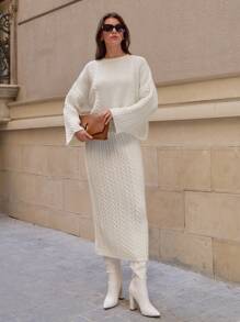 SHEIN Cottnline Korean Style Vintage Soft White Ribbed Knitted Sweater & Skirt 2-Piece Set For Women - White - View 5