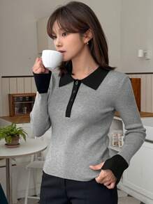 DAZY Suéter elegante de manga larga de punto con ribete contrastante y botones delanteros para mujeres
