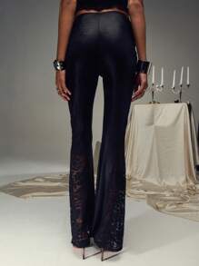 SHEIN Unity 低腰褶饰拼布蕾丝修身喇叭裤 - 黑色 - 查看 2