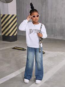 SHEIN 青春期女孩 Y2K 大胆校园精神必备全年百搭时尚单品，女孩休闲日常街头服饰复古风格喇叭舒适水洗牛仔裤