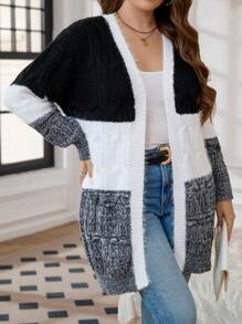 SHEIN LUNE Plus Size Colorblock Casual Long Sleeve Knit Cardigan
