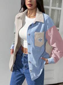 SHEIN EZwear 拼色落肩字母拼布灯芯绒大衣 - 杏色 - 查看 5