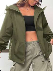 Muchica 女士秋季拉链高领多口袋连帽风衣夹克 - 軍綠色 - 查看 4