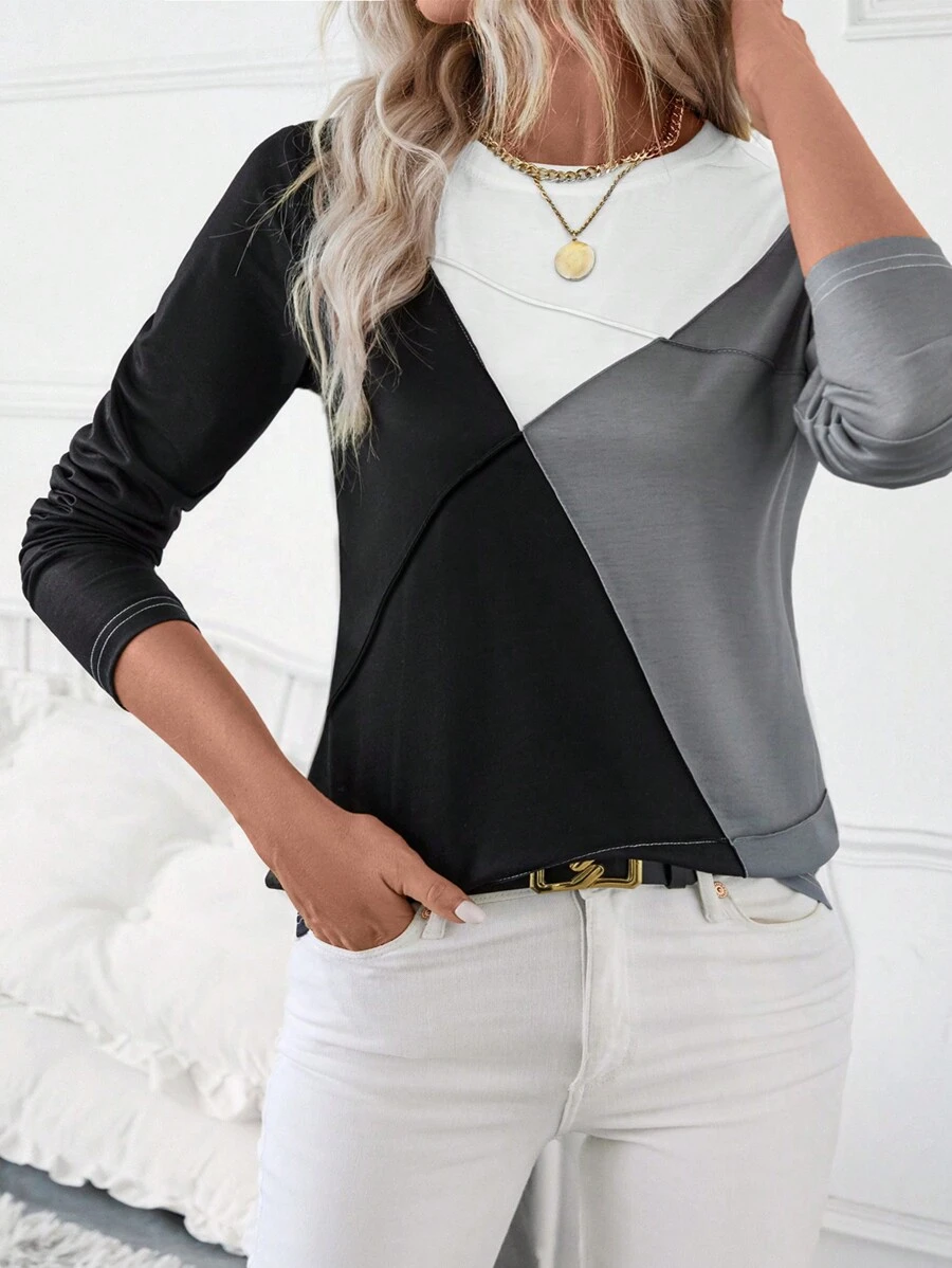 EMERY ROSE Women's Casual Colorblock Geometric Print Round Neck Long Sleeve T-Shirt, Autumn Fall Cloth For Women - Multicolor - View 1