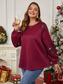 EMERY ROSE 大码冬季女式长袖红色亮片拼布插肩袖圆领宽松圣诞运动衫，优雅女士 - 酒紅色 - 查看 6