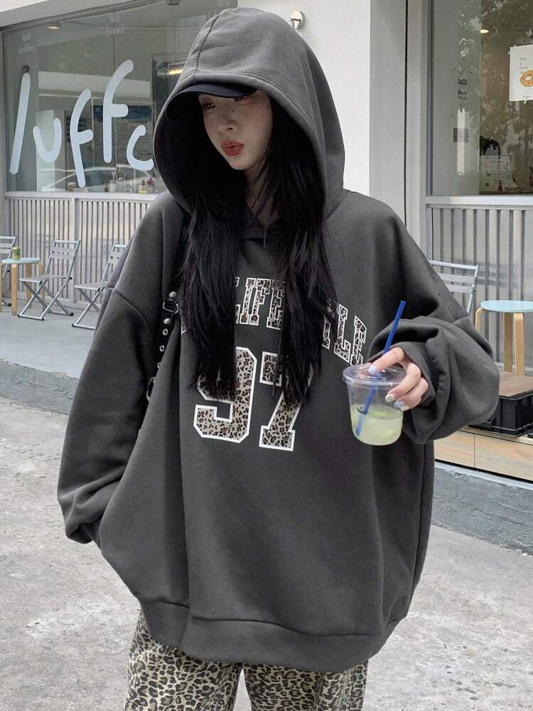 Women's Oversized Hooded Leopard Print & Letter Pattern Sweatshirt Hoodies