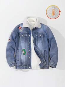 Teen Boys Retro Street Letter & Number Embroidered Patch All-Match Simple Casual Daily Matching Pocket Thermal Lining Thickened Washed Light Blue Long Sleeve Denim Jacket