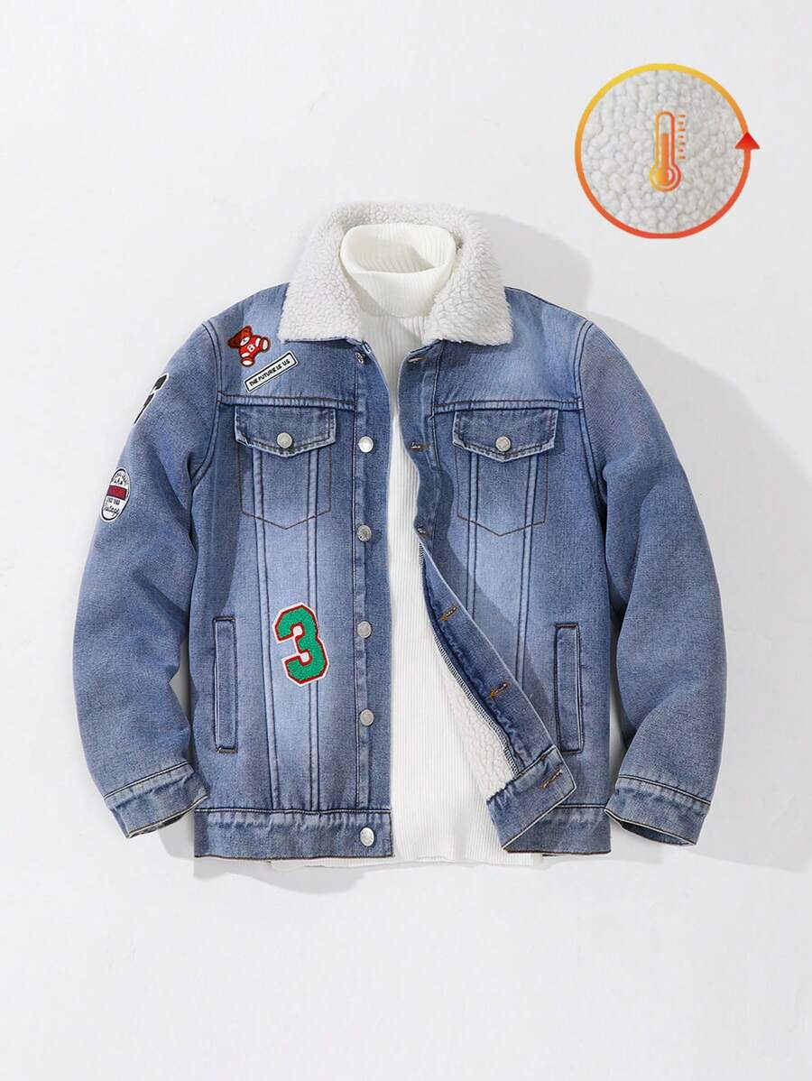 Teen Boys Retro Street Letter & Number Embroidered Patch All-Match Simple Casual Daily Matching Pocket Thermal Lining Thickened Washed Light Blue Long Sleeve Denim Jacket