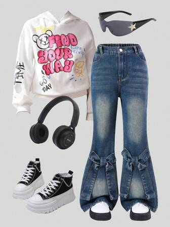 Tween Girl Vintage Butterfly Detail Loose Comfortable Washed Retro Wide Leg Pants, School, Campus, College