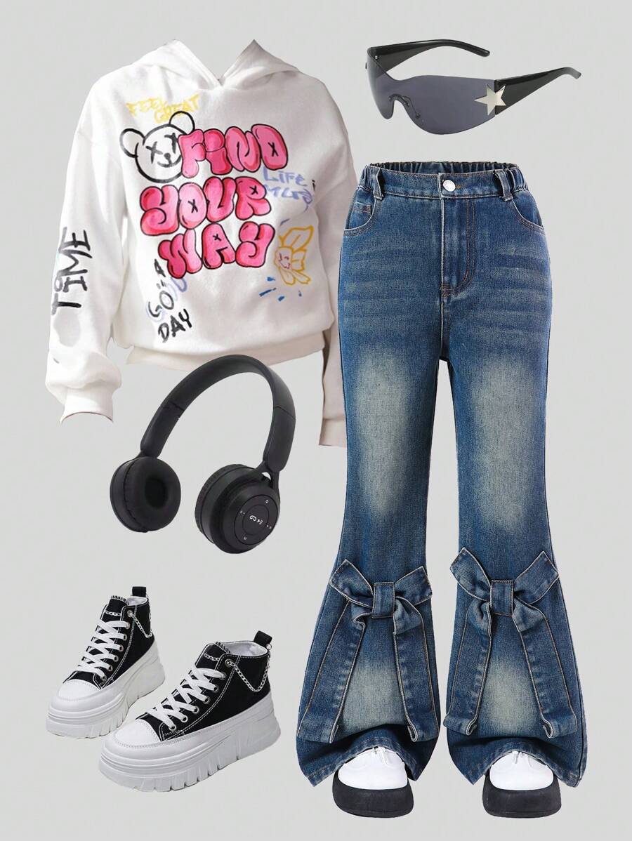 SHEIN Tween Girl Vintage Butterfly Detail Loose Comfortable Washed Retro Wide Leg Pants, School, Campus, College