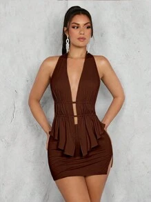 Glamine Bộ 2 áo crop top hở lưng màu trơn gợi cảm mùa hè cho nữ và chân váy ngắn - Cà phê nâu - Xem 6