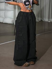 SHEIN EZwear 女士休闲宽松时尚多口袋工装阔腿牛仔裤，秋季 - 黑色 - 查看 6