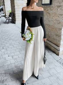 Chiquease Women's Color Block Pleated Off Shoulder Long Sleeve Jumpsuit