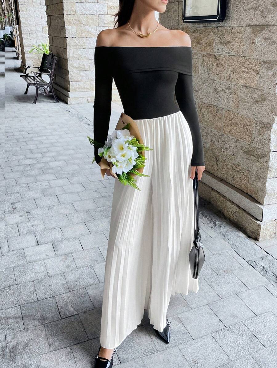 Chiquease Women's Color Block Pleated Off Shoulder Long Sleeve Jumpsuit