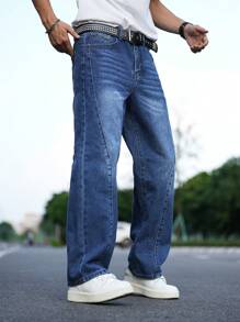 Manfinity Homme Men's Simple Pocket Design Casual Washed Baggy Jeans - Blue - View 4