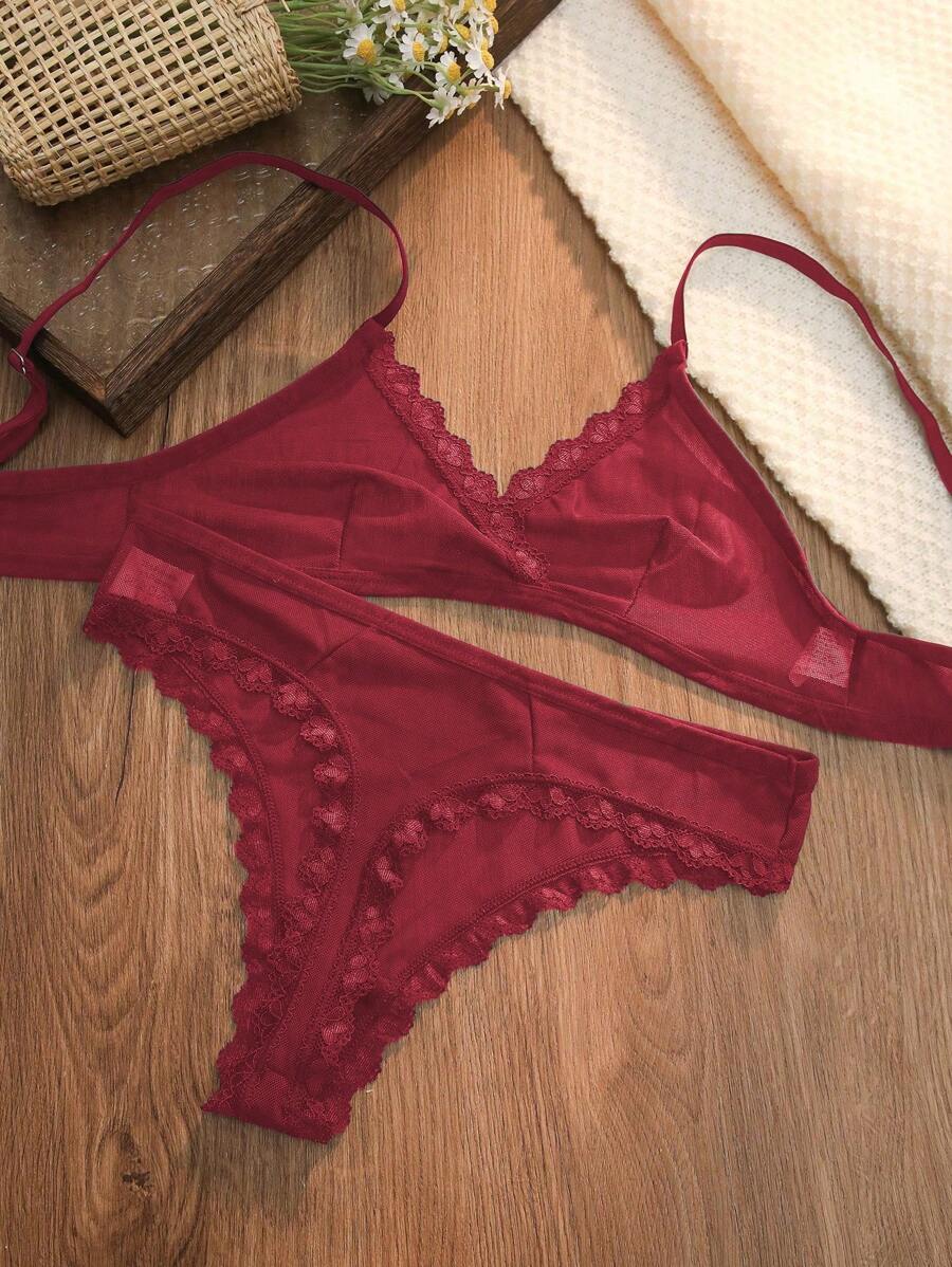 Conjunto de lencería de sujetador y bragas de unicolor con borde de encaje para mujer - Rojo - Ver 1