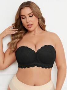 SHEIN 1 件大码纯色蕾丝钢圈文胸内衣 - 黑色 - 查看 2
