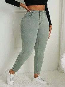 大码秋季休闲斜口袋时尚百搭紧身牛仔裤 - 軍綠色 - 查看 3