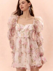 Enchnt Autumn/Winter Romantic Women's Sweetheart Elegant Floral Print Puff Sleeve Backless Dress,For Halloween&Christmas Party - White - View 8