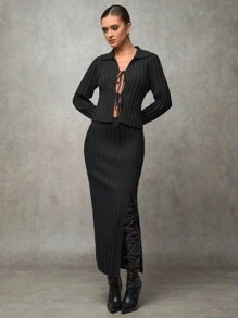 SHEIN BAE 女士休闲系带罗纹针织毛衣开衩毛衣裙套装，秋冬镂空服装感恩节女装商务休闲女装冬装女秋季套装猫女服装冬季女装套装丑女圣诞毛衣套装返校节性感两件套秋冬加厚柔软亲肤毛衣套装适合外出聚会约会逛街开学场合 - 黑色 - 查看 1