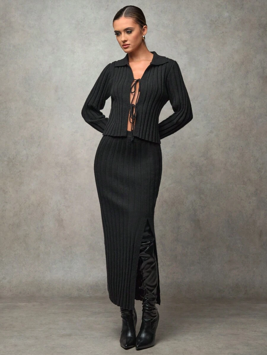 SHEIN BAE 女士休闲系带罗纹针织毛衣开衩毛衣裙套装，秋冬镂空服装感恩节女装商务休闲女装冬装女秋季套装猫女服装冬季女装套装丑女圣诞毛衣套装返校节性感两件套秋冬加厚柔软亲肤毛衣套装适合外出聚会约会逛街开学场合 - 黑色 - 查看 1