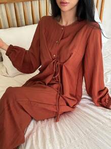 DAZY Casual Loose Half-Zip Tie Front Jumpsuit Pajama - Red - View 3