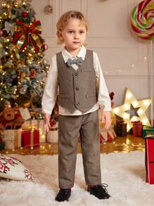 SHEIN Young Boy 3pcs Outfit Set: Herringbone Vest, Long Pants And Long Sleeve Shirt, Gentleman Style - Multicolor - View 6