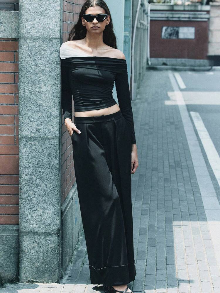 SHEIN Maija Damen Schwarze gerade geschnittene Anzughose mit Taschen und umgeschlagenem Saum, Herbst