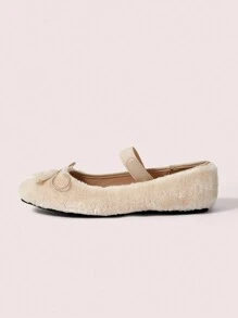 CUCCOO DOLLMOD Square-Toe Ballet Flats With Fuzzy Trim For Women New Year Holiday Valentines - Beige - View 2