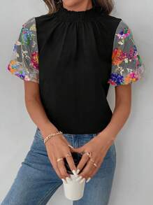 SHEIN LUNE Women's Spring & Summer Shirred Textured Frill Collar Embroidered Puff Sleeve Casual Sports Fashion Resort Shirt - Black - View 4