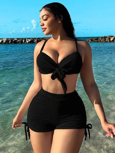 Swim SXY Conjunto de bikini de textura de unicolor para mujeres en verano en la playa