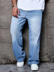 Manfinity Homme 男式宽松直筒休闲口袋牛仔裤 - 淺色水洗藍 - 查看 3