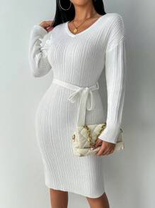 Chiquease Vestido de malha tubinho de manga longa, gola V, liso e casual para mulheres