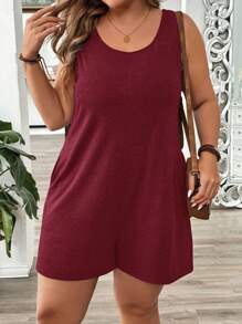 EMERY ROSE 大码纯色无袖连体衣 - 紅色 - 查看 4