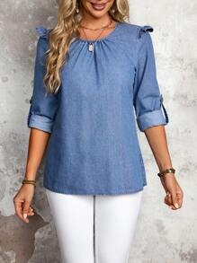 Women's Casual Denim Shirt With Back Button Detail, Autumn