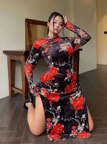 Celure 大码红色优雅中式立领长袖旗袍连衣裙 - 彩色 - 查看 6