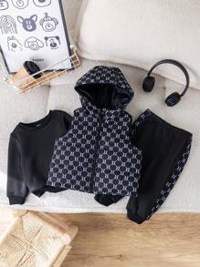 SHEIN Leap Crew 3 件装男婴/女婴休闲复古字母印花加厚棉背心、黑色圆领运动衫和字母贴布裤，适合秋冬季室内外穿着 - 黑色 - 查看 5