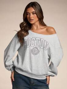 SHEIN BAE Sudadera con cuello asimétrico, bordado con letra, cómoda para uso diario y caminatas al aire libre para mujeres