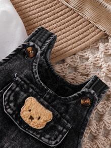 SHEIN Conjunto de bebé recién nacido de manga larga informal sólido y pelele vaquero con decoración de oso, otoño