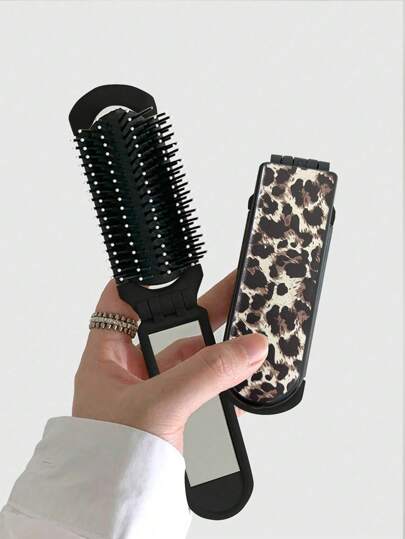 Grunge Punk 1pc Leopard Print Folding Comb With Attached Mirror, Portable Airbag Comb Back To School Accessory (Pattern Placement Random)
