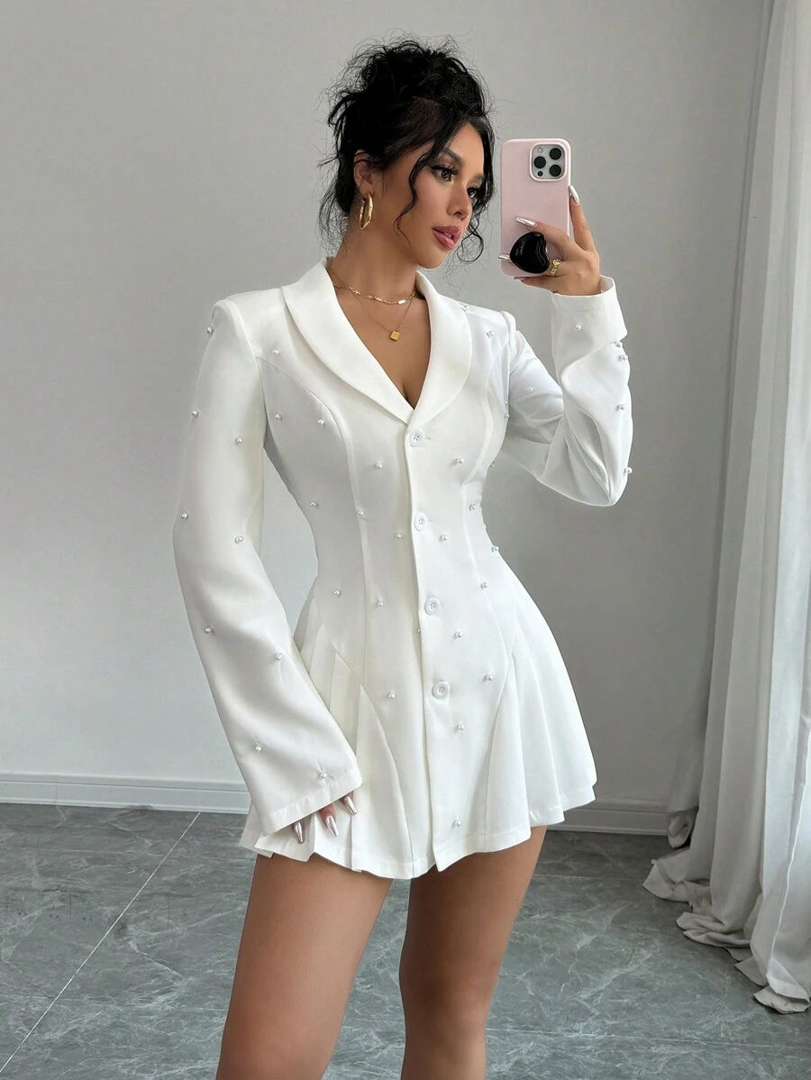 Selianne Women's Elegant Pearl Embellished Lapel Long Sleeve Blazer Jacket, Autumn Fall Cloth For Women