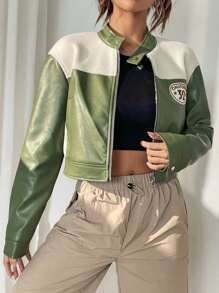Muchica Women's Autumn Color Block Letter Casual PU Leather Short Jacket - Green - View 1