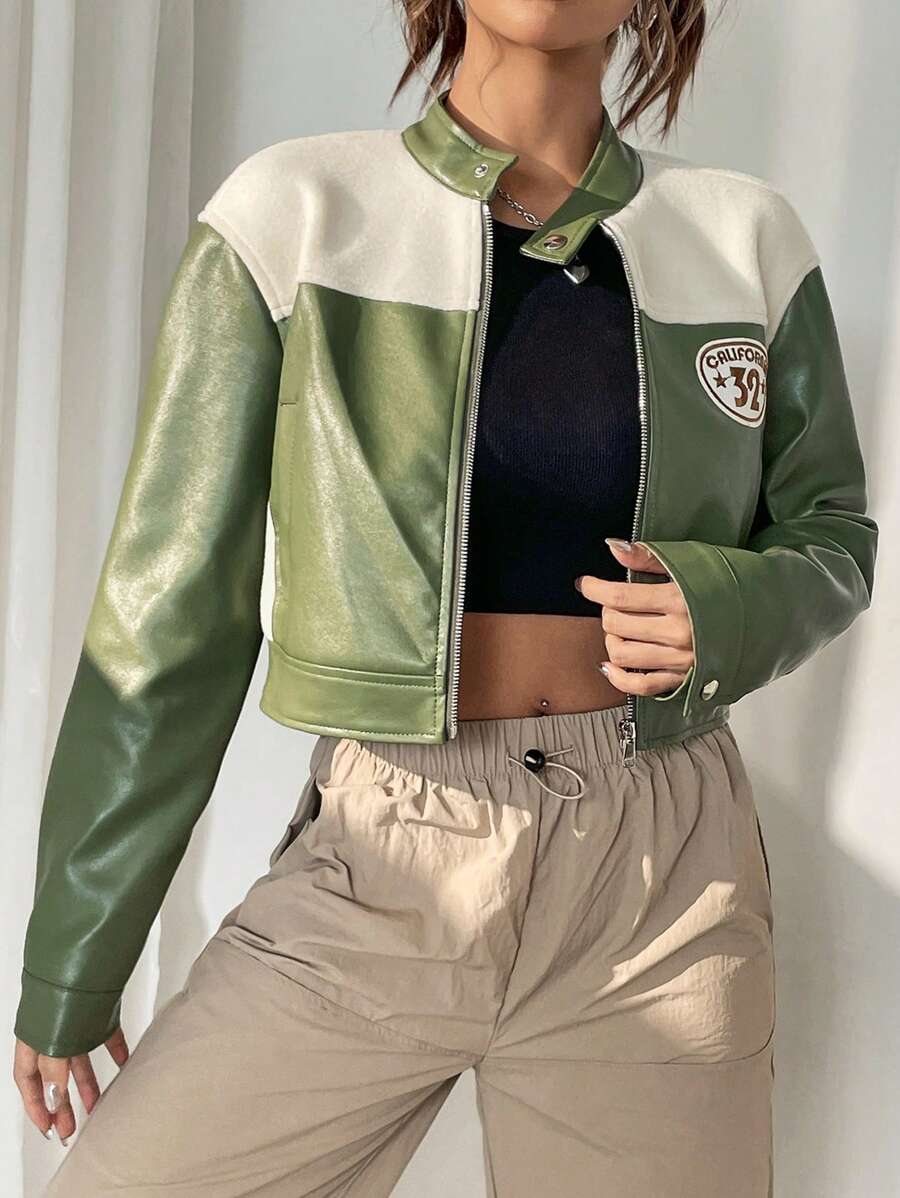 Muchica Women's Autumn Color Block Letter Casual PU Leather Short Jacket - Green - View 1