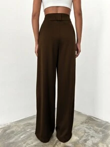 EURMUSE Quần ống rộng lưng cao bằng cotton trơn - Màu nâu Sô-cô-la - Xem 2